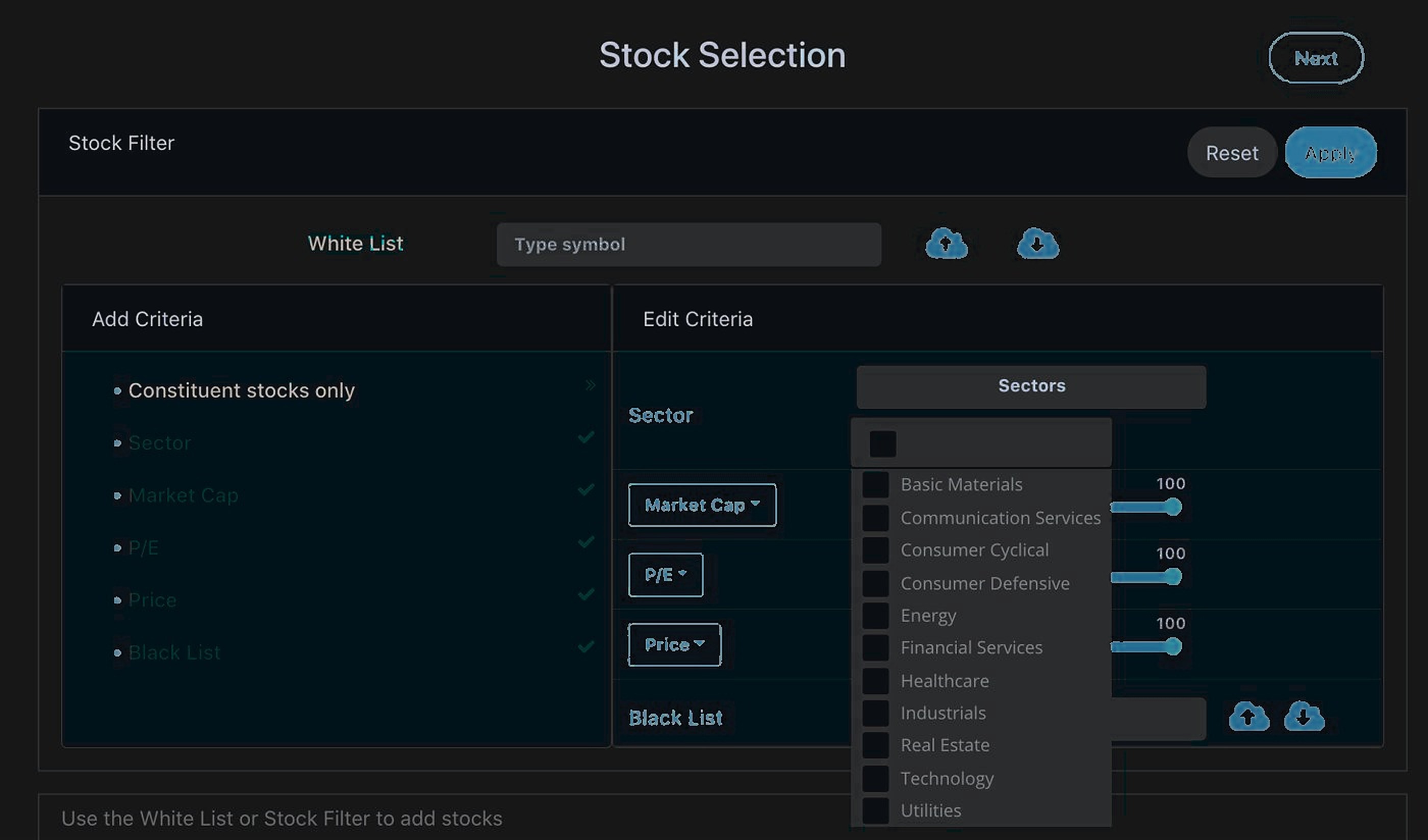 Stock selection by sector, market cap, P/E and price
